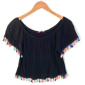 Social teen Off the Shoulder black tasseled Blouse, Sizes L